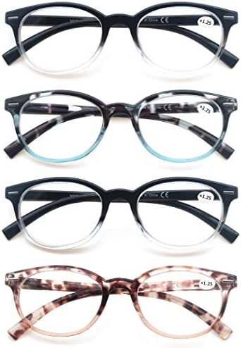 Reading Glasses for Women Cute Round Readers +1.50 for Small Head/Petite Face Lightweight Cheaters Glasses w/Spring Hinges 4 Pack
