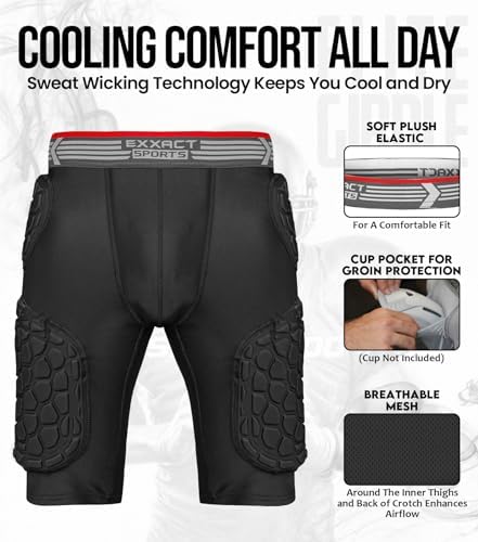 Exxact Sports Elite 5-Pad Adult Football Girdle for Men with Cup Pocket, Padded Compression Shorts with Integrated Hip, Thigh, Tailbone Pads, Men's Girdle Football