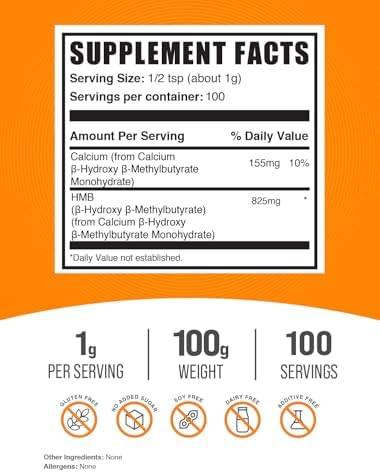 BulkSupplements.com HMB Powder - as Calcium HMB, Beta-Hydroxy Beta-Methylbutyrate - HMB Powder Supplements, Gluten Free - 1g per Serving, 100g (3.5 oz) (Pack of 1)