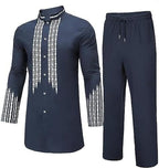 Muslim Clothes for Men 2 Piece Set Cotton Linen Kaftan Button Down Long Sleeve Print Kurta Drawstring Pants