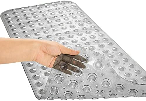 Bathtub Mats for Shower Tub, Extra Long Non-Slip 39 x 16 Inch Bath Mat with Drain Holes and Suction Cups, BathMat for Bathroom with Machine Washable (Clear Grey)