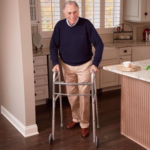 ProBasics Aluminum Lightweight Walker with Wheels, Walker for Seniors, Lightweight Adult Walker with 5" Wheels, Foldable Two-Button Release Walker, 300lbs Weight Capacity