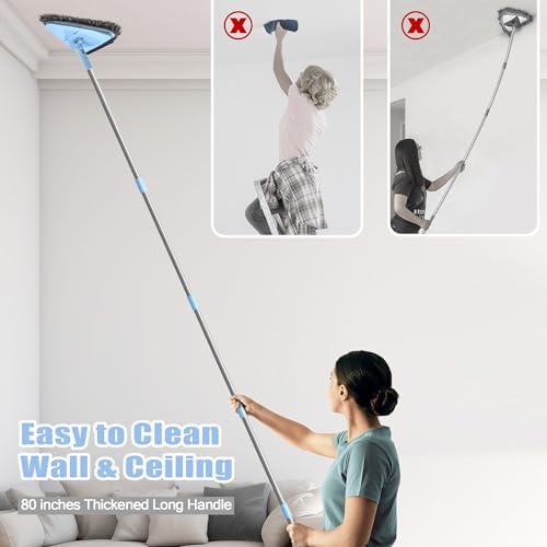 NEWE Wall Washer Mop with 80 Inch Long Handle, Wall and Ceiling Cleaner, 180° Folding Wall Scrubber with Long Handle, Triangle Baseboard Scrubber, 4 Chenille Duster & 2 Microfiber Pads