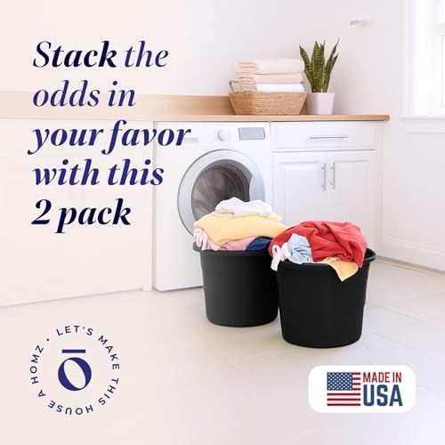 HOMZ 2-Pack Utility Tub, Large Plastic Storage Bucket with Rope Handles, 17 Gallon, Black - Portable Indoor and Outdoor Buckets for Kitchen, Laundry, Garden, Bathroom, and Garage Organization