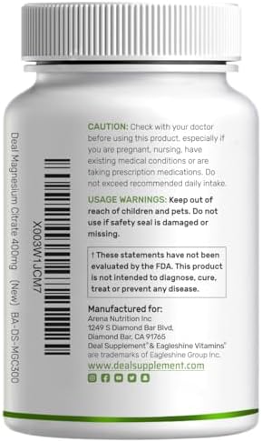 Magnesium Citrate 400mg Per Serving, 300 Veggie Capsules – Chelated, Easily Absorbed, Purified Trace Mineral – Muscle, Heart, & Digestive Support – Non-GMO