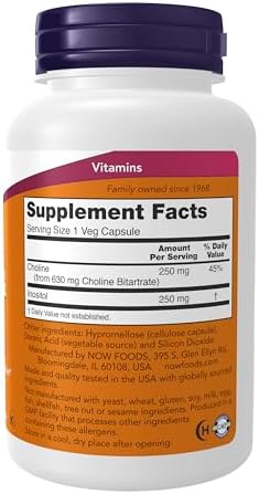NOW Foods Supplements, Choline & Inositol 500 mg, Healthy Nerve Transmission*, Nervous System Health*, 100 Capsules