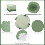 200 Pieces Cocktail Napkin, Sublaga 2-Ply Scalloped Edged Dessert Napkins Folded 5 x 5 Inches Disposable Gradient Color Paper Napkins for Dinner Wedding Birthday Baby Shower Party, Green