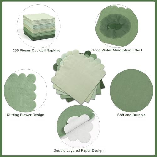 200 Pieces Cocktail Napkin, Sublaga 2-Ply Scalloped Edged Dessert Napkins Folded 5 x 5 Inches Disposable Gradient Color Paper Napkins for Dinner Wedding Birthday Baby Shower Party, Green
