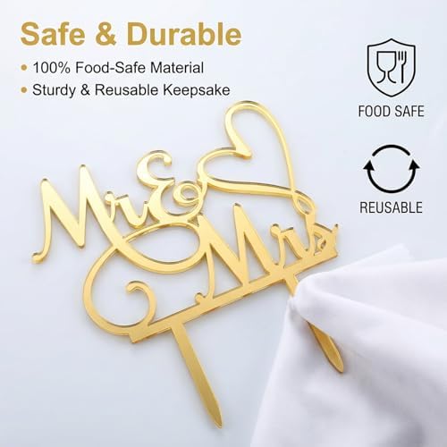 Acrylic Mr & Mrs Cake Topper Bride and Groom Sign, Mirror Gold Glitter Love Design, Wedding Cake Decoration for Engagement, Anniversary Theme Parties, Cupcake Topper & Party Supplies