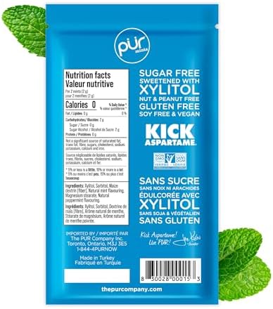 PUR Mints | Aspartame Free Breath Mints | Made with Xylitol | Sugar Free, Vegan, Gluten Free | Natural Peppermint Flavor | 65 Pieces in Re-Sealable pouch (Pack of 1)