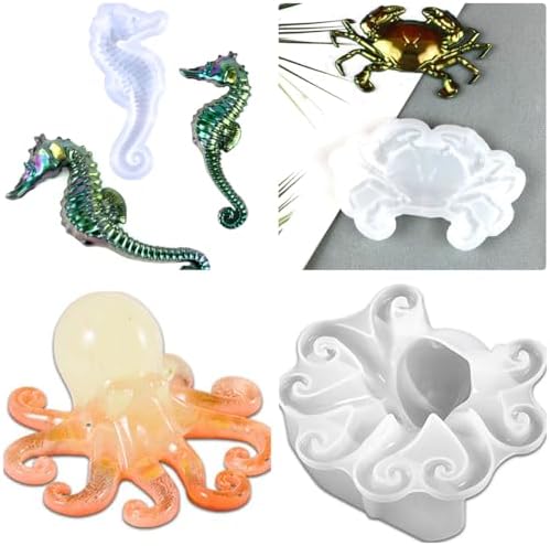 3 Pcs Marine Resin Molds Set Seahorse Octopus Crab 3D Animal Silicone Epoxy Molds for DIY Resin Concrete Desktop Aquariums Fish Tanks Ocean Animal Themed Home Decor Party Supplies Ideal Presen