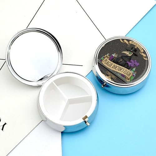3 Compartment Travel Pill Case, Portable Round Pill Box for Pocket or Purse, Decorative Metal Medicine Vitamin Organizer. (Retro Doctor)