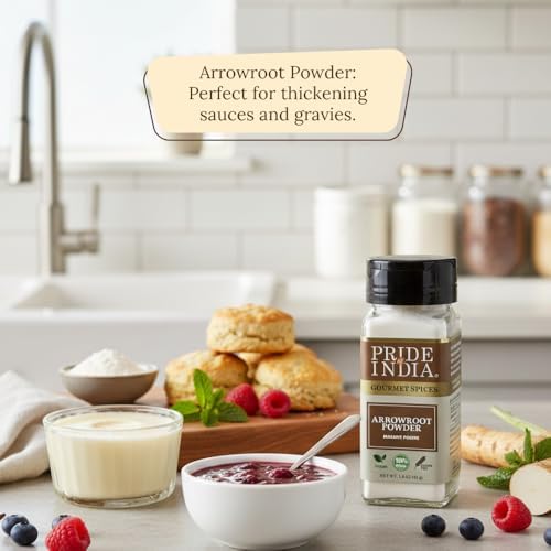 Pride of India – Natural Arrowroot Ground Powder – Gourmet Baking & Thickening Agent – Gluten & GMO Free – Good for Sauces, Fritters & Fries – Easy to Use – 2oz. Dual Sifter Bottle