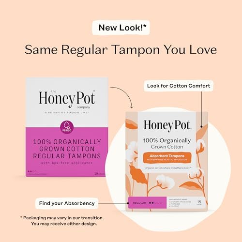The Honey Pot Company - Regular Absorbency - 100% Organic Cotton Core Tampons w/Bio Plastic Applicator - Feminine Care – Unscented - 54 Count (3 Packs of 18)