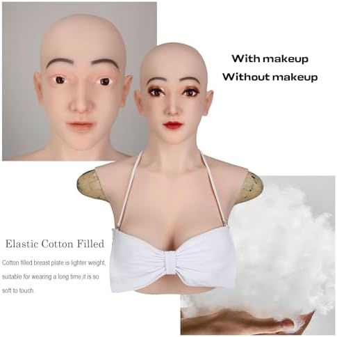 Crossdresser Mask with Breast Forms Silicone Female Head Masks Face Female Disguise Mask for Halloween Cosplay