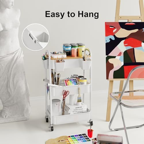 Rolling Cart Accessories, 6 Pack White Plastic Hanging Cup Holders, Rolling Cart Accessories with 6 Cup Holder and 6 Hooks, Utility Carts Accessories, Utility Cart Cup Holder, Craft Cart Organizering