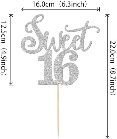 Rsstarxi 1 Pack 16th Birthday Cake Topper Glitter Sixteen Sweet 16 Cake Pick Cheers to 16 Years Sweet 16 Birthday Cake Decorations for Hello 16th Birthday Anniversary Party Decors Silver