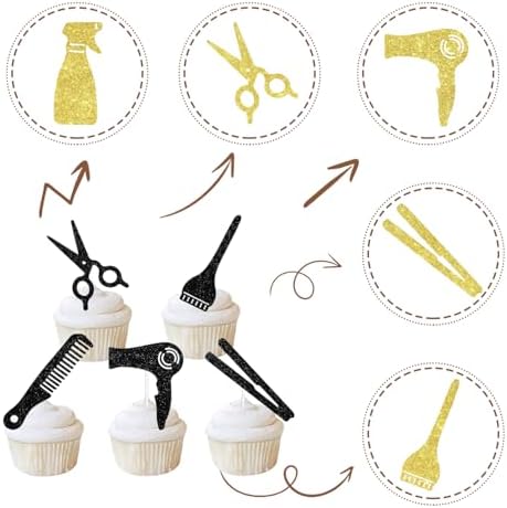 36PCS Hairdresser Cupcake Toppers, Black & Golden Glitter Barbershop Cupcake Picks, Cake Decorations for Haircut Salon/Bridal Shower/Birthday/Retirement Party, Hairstylist Party Decorations