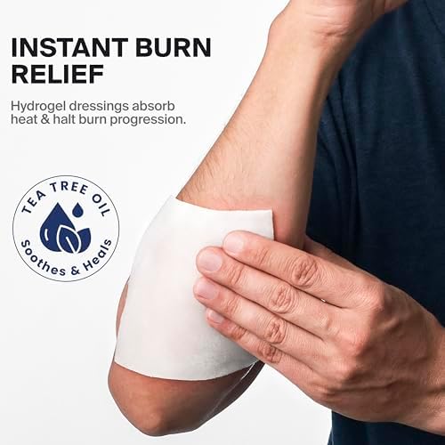 SurviveX Hydrogel Burn Dressings with Tea Tree Oil - 4x4" Sterile Non-Stick Burn Pads - Emergency First Aid for Instant Cooling, Soothing & Relief - 5 Pack