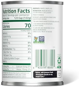 Amazon Fresh, Pineapple Chunks in Pinapple Juice, 20 Oz (Previously Happy Belly, Packaging May Vary)