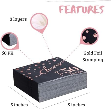 Rose Gold Cheers to 50th Cocktail Napkins Folded 5 x 5 Inches Disposable Party Napkins 3-Ply Paper Beverage Napkins for 50th Birthday Decorations, Wedding Anniversary, Retirement, Black (50 Years)