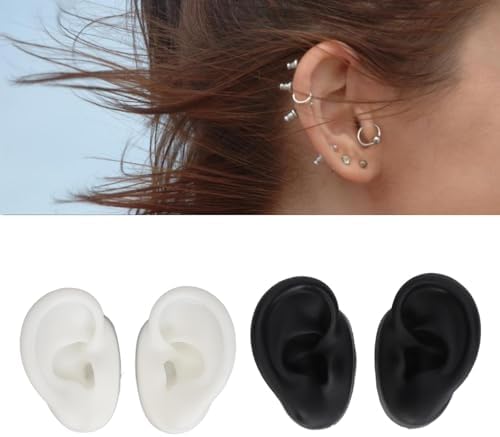 3D Silicone Ear Model, 2 Pair Ear Piercing Kit, Ear Simulated Fake Model Practice Tool Body Piercing Practice Model for Piercing Practice Teaching Jewelry Display (Black and White)