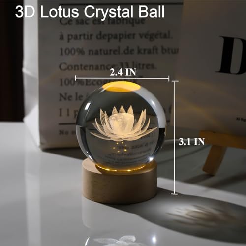 Arikyrist 3D Engraving Lotus Flower Figurine Crystal Ball with Wooden Light Base, Glass Lotus Flower Lamp Gifts for Women Decorative Glass Ball Paperweight