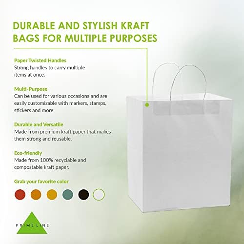 Prime Line Packaging White Paper Bags, Kraft Gift Bags with Handles for Small Business, Shopping, Take-out Goodies, Bistro, Boutique, Bulk, 10x6.75x12, 50 Pack