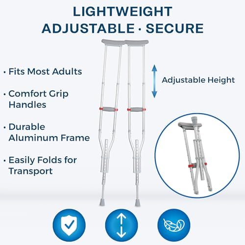 DMI Universal Aluminum Crutches - Adjustable Underarm Walking Aid for Adults, Shorter to Tall (4'6"-6'6"), Push-Button Height Adjustment, 300 lbs Capacity, Slip-Resistant Tips, 1 Pair