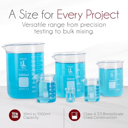 Karter Scientific, 3.3 Boro, Griffin Low Form, Glass Beaker Set - 6 Sizes - 10ml, 50ml, 100ml, 250ml, 500ml, 1000ml