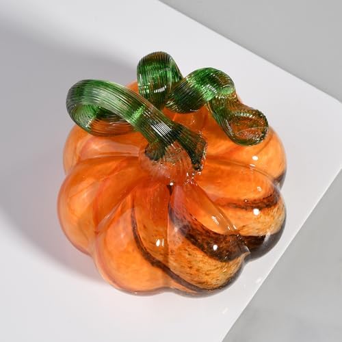 3" Hand Blown Glass Pumpkin Figurine, Large Brown Halloween Crystal Pumpkin Paperweight, Thanksgiving Pumpkins Fall Decorations for Home Table Centerpiece