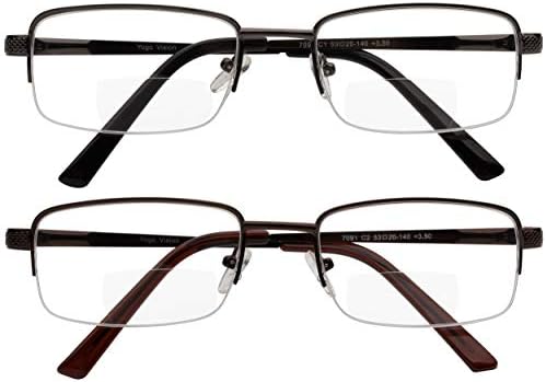 Yogo Vision Reading Glasses Set of 2 Bifocal Half Rim Metal Glasses for Reading Quality Spring Hinge Readers Men and Women Set of Gunmetal and Brown 2.75