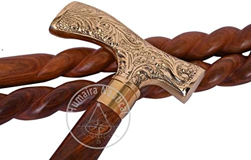 Humaira Nautical Walking Stick Men Derby Canes and Wooden Walking Stick for Men and Women 36" Brown Ebony Brass T Shape Handle in Golden Tone Natural Wood Unisex Cane.