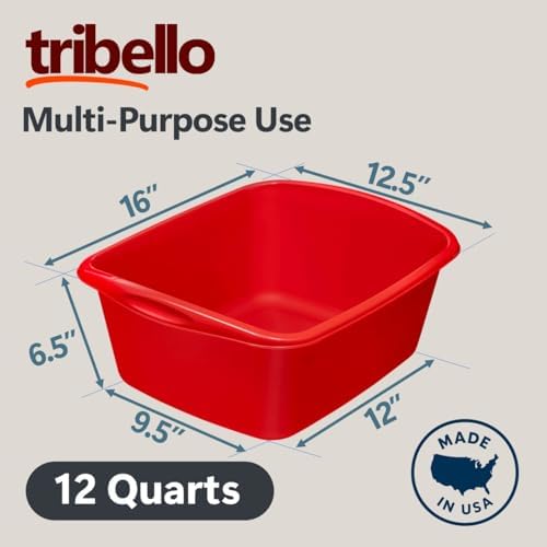 Tribello Plastic Wash Tub Dishpan Basin and Foot Bath for Soaking Feet, Laundry Hand Wash Bucket, Dish Pans for Washing and Storage Cleaning Supplies - 12 Quarts - Heavy Duty - Made in USA (Red)