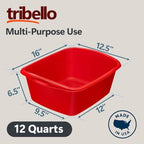 Tribello Plastic Wash Tub Dishpan Basin and Foot Bath for Soaking Feet, Laundry Hand Wash Bucket, Dish Pans for Washing and Storage Cleaning Supplies - 12 Quarts - Heavy Duty - Made in USA (Red)