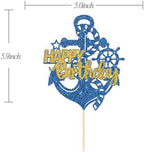 Ship's Anchor Happy Birthday Cake Topper, Nautical Baby Shower Cake Decor, Sailor Men Boy Birthday Party Decorations Supplies Blue Glitter