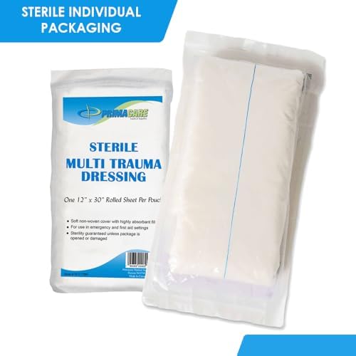 Primacare WT-7705-CS Pack of 25 First Aid Sterile Multi Trauma Gauze Pad Dressing for Stopping Heavy Bleeding in Large Open Wounds, Treating Lacerations and Piercing Injuries, 30" x 12", White