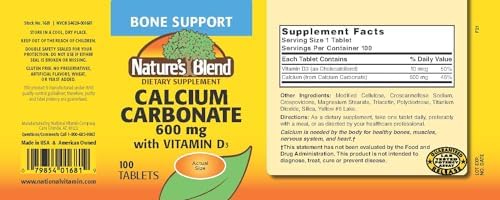 Nature's Blend Calcium Carbonate 600 mg with D3 400 IU 100 Tablets,(Pack of 1), 079854016819