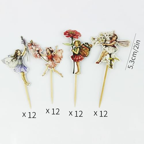 48Pcs Fairy Flower Theme Cupcake Toppers for Fairy Themed Party, Baby Shower, Girls Birthday, Bridal Shower, Wedding Favors and Garden Party Decorations