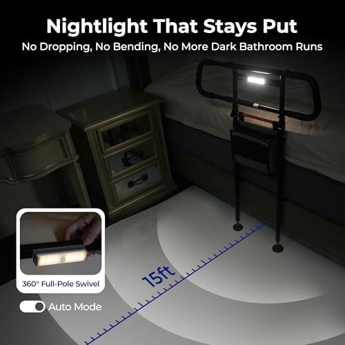C5 Pro Bed Rails for Elderly Adults Safety - Foldable Bed Assist Rail with Adjustable Height, Bed Cane with Non-Slip Wider Handrail, Motion Sensor Light Fits King Queen Twin Beds
