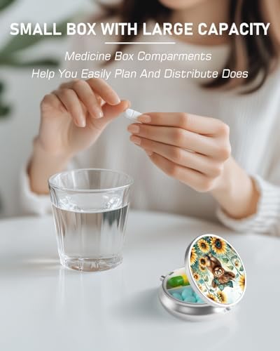 Pill Box, 3 Compartment Portable Travel Medicine Box with Mirror, Compact and Cute, Fits in Purse and Pocket, Medicine and Vitamin Organizer (Calf and Sunflower)
