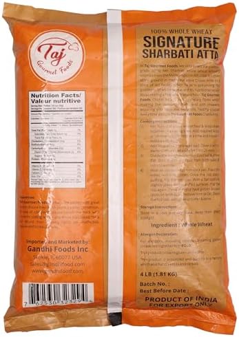 TAJ Signature Sharbati Atta, 4lbs (Chakki Atta - Stone Ground) 100% Whole Wheat Flour, Chappati Flour