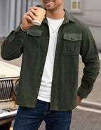 Men Corduroy Shirt Button Down Casual Ribbed Lightweight Jacket with Flap Pockets (S-XXL)