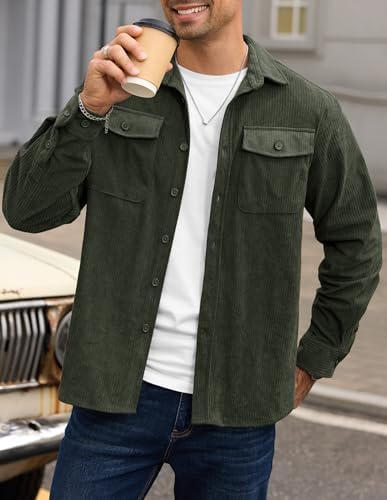 Men Corduroy Shirt Button Down Casual Ribbed Lightweight Jacket with Flap Pockets (S-XXL)