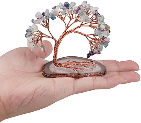 mookaitedecor Natural Fluorite Crystal Money Tree Agate Slice Base Feng Shui Bonsai Crystal Tree for Wealth Luck Desk Decor, 3-4 Inch High