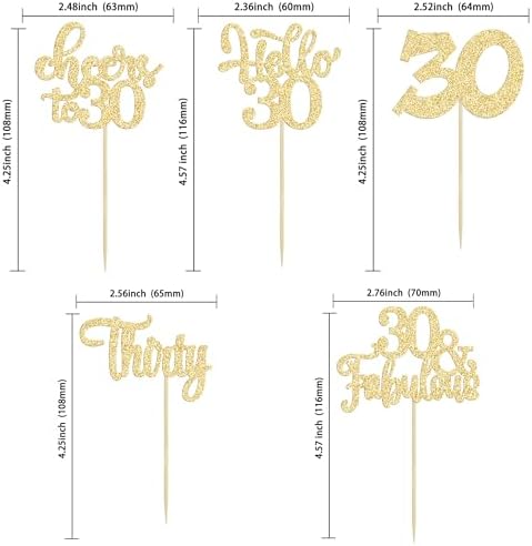 30Pcs Happy 30th Birthday Cupcake Toppers Gold Glitter Thirty Cheers to 30 Birthday Cupcake Picks for Happy 30th Birthday Anniversary Party Cake Decorations Supplies