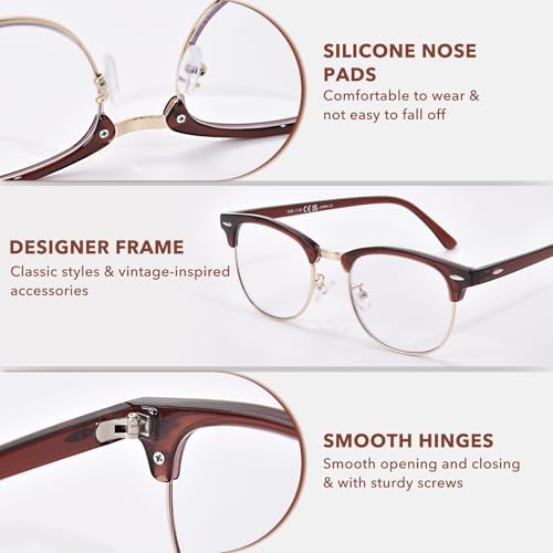 OPTOFENDY Reading Glasses for Women Men, Half Frame Retro Semi Rimless Blue Light Blocking Computer Readers, Clear Lens