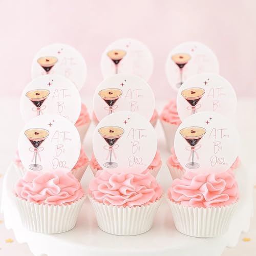 56 Pcs A Tini Bit Older Drink Toppers, Edible Cocktail Toppers, Rice Paper Cupcake Topper, Cake Topper for Birthday Party Decor (A Tini Bit Older Pink Bow)