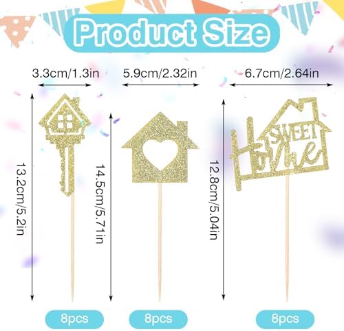 24 Pcs Sweet Home Cupcake Toppers - Gold Glitter Key New Home Cupcake Picks - Housewarming Party Decorations