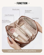 EACHY Travel Makeup Bag, Large Capacity Cosmetic Bag for Women, Waterproof PU Leather, Flat Open Portable Toiletry Bag for Skincare, Brushes & Travel Essentials